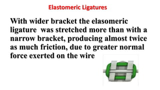 With wider bracket the elasomeric
ligature was stretched more than with a
narrow bracket, producing almost twice
as much friction, due to greater normal
force exerted on the wire
Elastomeric Ligatures
 