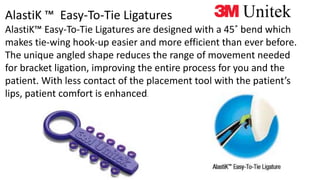 AlastiK ™ Easy-To-Tie Ligatures
AlastiK™ Easy-To-Tie Ligatures are designed with a 45˚ bend which
makes tie-wing hook-up easier and more efficient than ever before.
The unique angled shape reduces the range of movement needed
for bracket ligation, improving the entire process for you and the
patient. With less contact of the placement tool with the patient’s
lips, patient comfort is enhanced.
 