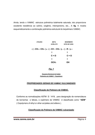Ainda, tendo o VAMAC estrutura polimérica totalmente saturada, isto proporciona
excelente resistência ao ozônio, oxigênio, intemperismo, etc... A fig. 1, mostra
esquemáticamente a combinação polimérica estrutural do terpolímero VAMAC.




                           ETILENO                METIL              MONÔMERO
                                                ACRILATO            SITIO DE CURA


                     - ( - CH2 – CH2 - )x - ( - CH – CH2 - )y - ( - R - )z –
                                                 l                      l
                                                C=O                    C=O
                                                 l                      l
                                                OCH3                   OH


                                             Fig. 1

                                   Esquema Estrutural da Cadeia
                                Polimérica do VAMAC – Terpolímero




               PROPRIEDADES GERAIS DO VAMAC VULCANIZADO


                        Classificação do Polímero de VAMAC.


   Conforme as normalizações ASTM D 1418, para designação de nomenclatura
   de borrachas e látices, o coplímero de VAMAC é classificado como “AEM”
   ( Copolymers of ethyl or other acrylates and etilene ).


                 Classificação do Polímero de VAMAC vulcanizado



www.cenne.com.br                                                                    Página 4
 