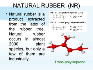 NATURAL RUBBER (NR)
• Natural rubber is a
product extracted
from the latex of
the rubber tree.
Natural rubber
occurs in almost
2000 plant
species, but only a
few of them are
industrially
Trans-polyisoprene
 
