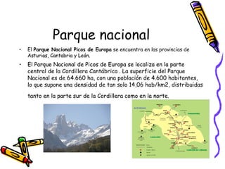 Parque nacional
• El Parque Nacional Picos de Europa se encuentra en las provincias de
Asturias, Cantabria y León.
• El Parque Nacional de Picos de Europa se localiza en la parte
central de la Cordillera Cantábrica . La superficie del Parque
Nacional es de 64.660 ha, con una población de 4.600 habitantes,
lo que supone una densidad de tan solo 14,06 hab/km2, distribuidas
tanto en la parte sur de la Cordillera como en la norte.
 