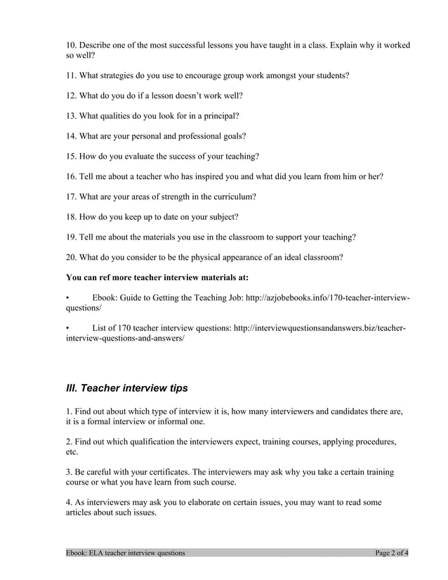 Ela teacher interview questions PDF
