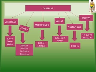 FONDO
CARRERAS
VELOCIDAD
MEDIOFONDO
VALLAS
OBSTÁCULOS
RELEVOS
100 m
200 m
400m
800 m
1.500 m
100/110 m
400 m
3.000 m
4 x 100 m
4x 400 m
 