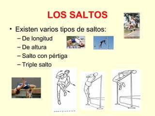 LOS SALTOS Existen varios tipos de saltos: De longitud De altura Salto con pértiga Triple salto 