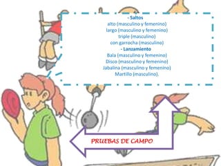 - Saltos
alto (masculino y femenino)
largo (masculino y femenino)
triple (masculino)
con garrocha (masculino)
- Lanzamiento
Bala (masculino y femenino)
Disco (masculino y femenino)
Jabalina (masculino y femenino)
Martillo (masculino).
PRUEBAS DE CAMPO
 