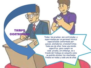 Todas las pruebas son controladas y
supervisadas por un personal técnico
especializado conformado por:
jueces, anotadores, cronometristas.
Cada uno de ellos, tiene una misión
específica para cumplir en
cada prueba, sin embargo, es a
través del trabajo en conjunto como
se podrán obtener los resultados
finales en todas y cada una de ellas.
TIEMPO
CONTROLADO
 