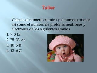 Calcula el numero atómico y el numero másico
    así como el numero de protones neutrones y
    electrones de los siguientes átomos
1. 7 3 Li
2. 75 33 As
3. 10 5 B
4. 12 6 C
 