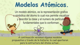 Modelos Atómicos.
Un modelo atómico, es la representación grafica
o simbólica del átomo lo cual nos permite visualizar
y describir la clase y el numero de partículas
fundamentales que lo conforman.
A continuación veremos algunos modelos
propuestos a través de la historia; lo cual aportaron
para la estructura del átomo actual…
 