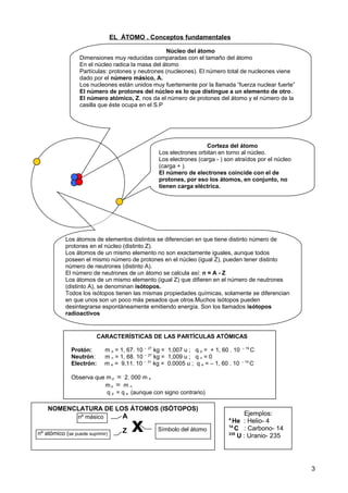 Núcleo del átomo
Dimensiones muy reducidas comparadas con el tamaño del átomo
En el núcleo radica la masa del átomo
Partículas: protones y neutrones (nucleones). El número total de nucleones viene
dado por el número másico, A.
Los nucleones están unidos muy fuertemente por la llamada “fuerza nuclear fuerte”
El número de protones del núcleo es lo que distingue a un elemento de otro.
El número atómico, Z, nos da el número de protones del átomo y el número de la
casilla que éste ocupa en el S.P
EL ÁTOMO . Conceptos fundamentales
3
Corteza del átomo
Los electrones orbitan en torno al núcleo.
Los electrones (carga - ) son atraídos por el núcleo
(carga + ).
El número de electrones coincide con el de
protones, por eso los átomos, en conjunto, no
tienen carga eléctrica.
Los átomos de elementos distintos se diferencian en que tiene distinto número de
protones en el núcleo (distinto Z).
Los átomos de un mismo elemento no son exactamente iguales, aunque todos
poseen el mismo número de protones en el núcleo (igual Z), pueden tener distinto
número de neutrones (distinto A).
El número de neutrones de un átomo se calcula así: n = A - Z
Los átomos de un mismo elemento (igual Z) que difieren en el número de neutrones
(distinto A), se denominan isótopos.
Todos los isótopos tienen las mismas propiedades químicas, solamente se diferencian
en que unos son un poco más pesados que otros.Muchos isótopos pueden
desintegrarse espontáneamente emitiendo energía. Son los llamados isótopos
radioactivos
CARACTERÍSTICAS DE LAS PARTÍCULAS ATÓMICAS
Protón: m p = 1, 67. 10 – 27
kg = 1,007 u ; q p = + 1, 60 . 10 – 19
C
Neutrón: m n = 1, 68. 10 – 27
kg = 1,009 u ; q n = 0
Electrón: m e = 9,11. 10 – 31
kg = 0,0005 u ; q e = – 1, 60 . 10 – 19
C
Observa que m p ≈ 2. 000 m e
m p ≈ m n
q p = q e (aunque con signo contrario)
NOMENCLATURA DE LOS ÁTOMOS (ISÓTOPOS)
x
A
Z Símbolo del átomo
nº másico
nº atómico (se puede suprimir)
Ejemplos:
4
He : Helio- 4
14
C : Carbono- 14
235
U : Uranio- 235
 