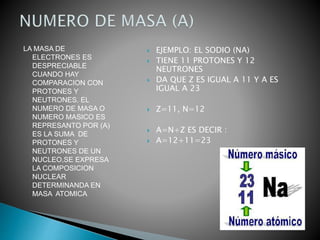 LA MASA DE
ELECTRONES ES
DESPRECIABLE
CUANDO HAY
COMPARACION CON
PROTONES Y
NEUTRONES. EL
NUMERO DE MASA O
NUMERO MASICO ES
REPRESANTO POR (A)
ES LA SUMA DE
PROTONES Y
NEUTRONES DE UN
NUCLEO,SE EXPRESA
LA COMPOSICION
NUCLEAR
DETERMINANDA EN
MASA ATOMICA
 EJEMPLO: EL SODIO (NA)
 TIENE 11 PROTONES Y 12
NEUTRONES
 DA QUE Z ES IGUAL A 11 Y A ES
IGUAL A 23
 Z=11, N=12
 A=N+Z ES DECIR :
 A=12+11=23
 