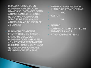  EL PESO ATOMICO DE UN
ELEMENTO EXPRESADO EN
GRAMOS SE LO CONOCE COMO
ATOMO-RAMO(AT-G) DADO
QUE LA MASA ATOMICA DE
SODIO ES DE 23 U.M.A, UN
ATOMO-GRAMO DE SODIO DE
23 GRAMOS
 EL NUMERO DE ATOMOS
CONTENIDO EN UN ATOMO-
GRAMO DE CUALQUIER
ELEMENTO DE GAS HELIO PESA
4G Y CONTIENE EXACTAMENTE
EL MISMO NUMERO DE ATOMOS
QUE UN ATOMO-GRAMO DE
GAS NEON,QUE PESA 20 G
 FORMULA PARA HALLAR EL
NUMERO DE ATOMO-GRAMO
 P(X)
 #AT-G=
 PA
 EJEMPLO:
 ¿Cuántos AT-G HAY EN 78 G DE
POTASIO? PA K=39
 AT-G=P(X)/PA=78/39=2
 