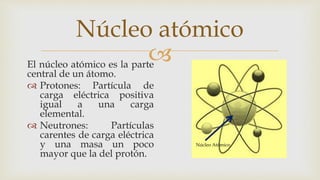
Núcleo atómico
El núcleo atómico es la parte
central de un átomo.
 Protones: Partícula de
carga eléctrica positiva
igual a una carga
elemental.
 Neutrones: Partículas
carentes de carga eléctrica
y una masa un poco
mayor que la del protón.
Núcleo Atómico
 