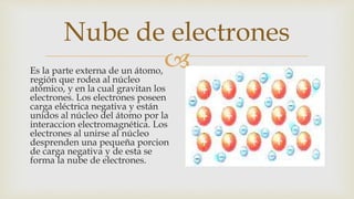 
Nube de electrones
Es la parte externa de un átomo,
región que rodea al núcleo
atómico, y en la cual gravitan los
electrones. Los electrones poseen
carga eléctrica negativa y están
unidos al núcleo del átomo por la
interaccion electromagnética. Los
electrones al unirse al núcleo
desprenden una pequeña porcion
de carga negativa y de esta se
forma la nube de electrones.
 