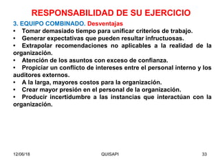 12/06/18 QUISAPI 33
3. EQUIPO COMBINADO. Desventajas
• Tomar demasiado tiempo para uniﬁcar criterios de trabajo.
• Generar expectativas que pueden resultar infructuosas.
• Extrapolar recomendaciones no aplicables a la realidad de la
organización.
• Atención de los asuntos con exceso de conﬁanza.
• Propiciar un conﬂicto de intereses entre el personal interno y los
auditores externos.
• A la larga, mayores costos para la organización.
• Crear mayor presión en el personal de la organización.
• Producir incertidumbre a las instancias que interactúan con la
organización.
RESPONSABILIDAD DE SU EJERCICIO
 