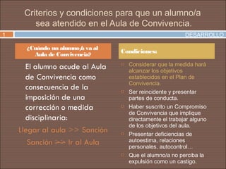 Criterios y condiciones para que un alumno/a
       sea atendido en el Aula de Convivencia.
1                                                        DESARROLLO

    ¿Cuándo un alumno/ va al
                      a
      Aula de Convivencia?
                               Condiciones:
                                  Considerar que la medida hará
                                   alcanzar los objetivos
                                   establecidos en el Plan de
                                   Convivencia.
                                  Ser reincidente y presentar
                                   partes de conducta.
                                  Haber suscrito un Compromiso
                                   de Convivencia que implique
                                   directamente el trabajar alguno
                                   de los objetivos del aula.
                                  Presentar deficiencias de
                                   autoestima, relaciones
                                   personales, autocontrol…
                                  Que el alumno/a no perciba la
                                   expulsión como un castigo.
 