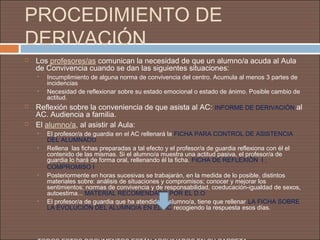 PROCEDIMIENTO DE
DERIVACIÓN
   Los profesores/as comunican la necesidad de que un alumno/a acuda al Aula
    de Convivencia cuando se dan las siguientes situaciones:
    •   Incumplimiento de alguna norma de convivencia del centro. Acumula al menos 3 partes de
        incidencias
    •   Necesidad de reflexionar sobre su estado emocional o estado de ánimo. Posible cambio de
        actitud.
   Reflexión sobre la conveniencia de que asista al AC: INFORME DE DERIVACIÓN al
    AC. Audiencia a familia.
   El alumno/a, al asistir al Aula:
    •   El profesor/a de guardia en el AC rellenará la FICHA PARA CONTROL DE ASISTENCIA
        DEL ALUMNADO
    •   Rellena las fichas preparadas a tal efecto y el profesor/a de guardia reflexiona con él el
        contenido de las mismas. Si el alumno/a muestra una actitud pasiva, el profesor/a de
        guardia lo hará de forma oral, rellenando él la ficha. FICHA DE REFLEXIÓN I +
        COMPROMISO I
    •   Posteriormente en horas sucesivas se trabajarán, en la medida de lo posible, distintos
        materiales sobre: análisis de situaciones y compromisos; conocer y mejorar los
        sentimientos; normas de convivencia y de responsabilidad, coeducación-igualdad de sexos,
        autoestima... MATERIAL RECOMENDADO POR EL D.O
    •   El profesor/a de guardia que ha atendido al alumno/a, tiene que rellenar LA FICHA SOBRE
        LA EVOLUCIÓN DEL ALUMNO/A EN EL AC recogiendo la respuesta esos días.
 