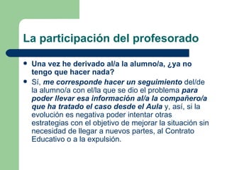 La participación del profesorado Una vez he derivado al/a la alumno/a, ¿ya no tengo que hacer nada? Sí,  me corresponde hacer un seguimiento  del/de la alumno/a con el/la que se dio el problema  para poder llevar esa información al/a la compañero/a que ha tratado el caso desde el Aula  y, así, si la evolución es negativa poder intentar otras estrategias con el objetivo de mejorar la situación sin necesidad de llegar a nuevos partes, al Contrato Educativo o a la expulsión. 