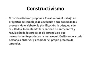 ConstructivismoEl constructivismo propone a los alumnos el trabajo en proyectos de complejidad adecuada a sus posibilidades, provocando el debate, la planificación, la búsqueda de resultados, fomentando la capacidad de autocontrol y regulación de los procesos de aprendizaje que necesariamente producen la metacognición llevando a cada persona a observar y acomodar el propio proceso de aprender.
