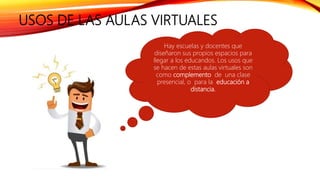 USOS DE LAS AULAS VIRTUALES
Hay escuelas y docentes que
diseñaron sus propios espacios para
llegar a los educandos. Los usos que
se hacen de estas aulas virtuales son
como complemento de una clase
presencial, o para la educación a
distancia.
 