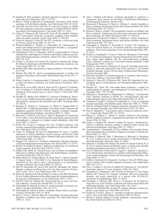 SIMPOSIO SATÉLITE: AUTISMO


58. Hagberg B. Rett syndrome: Swedish approach to analysis of preva-               85. Turk J. Children with Down’s syndrome and fragile X syndrome: a
    lence and cause. Brain Dev 1985; 7: 277-80.                                        comparison study. Society for the Study of Behavioural Phenotypes.
59. Burd L, Vesley B, Martsolf JT, Kerbeshian J. Prevalence study of Rett              2nd Symposium Abstracts. Oxford; 1992.
    syndrome in North Dakota children. Am J Med Genet 1991; 38: 565-8.             86. Rasmussen P, Borjesson O, Wentz E, Gillberg C. Autistic disorders in
60. Amir RE, Van den Veyver IB, Wan M, Tran CQ, Francke U, Zoghbi                      Down syndrome: background factors and clinical correlates. Dev Med
    HY. Rett syndrome is caused by mutations in X-linked MECP2, encod-                 Child Neurol 2001; 43: 750-54.
    ing methyl-CpG-binding protein 2. Nat Genet 1999; 23: 185-8.                   87. Howlin P, Wing L, Gould J. The recognition of autism in children with
61. Lukusa T, Vermeesch JR, Holvoet M, Fryns JP, Devriendt K. Deletion                 Down syndrome -implications for intervention and some speculations
    2q37.3 and autism: molecular cytogenetic mapping of the candidate                  about pathology. Dev Med Child Neurol 1995; 37: 398-414.
    region for autistic disorder. Genet Couns 2004; 15: 293-301.                   88. Rasmussen P, Borjesson O, Wentz E, Gillberg C. Autistic disorders in
62. Geerts M, Steyaert J, Fryns JP. The XYY syndrome: a follow-up study                Down syndrome: background factors and clinical correlates. Dev Med
    on 38 boys. Genet Couns 2003; 14: 267-79.                                          Child Neurol 2001; 43; 750-4.
63. Weidmer-Mikhail E, Sheldon S, Ghaziuddin M. Chromosomes in                     89. Vantrappen G, Rommel N, Devriendt K, Cremers CW, Feenstra L,
    autism and related pervasive developmental disorders: a cytogenetic                Fryns JP. Clinical features in 130 patients with the velo-cardio-facial
    study. J Intellec Disabil Res 1998; 42: 8-12.                                      syndrome. The Leuven experience. Acta Otorhinolaryngol Belg 2001;
64. Goldenberg A, Chevy F, Bernard C, Wolf C, Cormier-Daire V. Clinical                55: 43-8.
    characteristics and diagnosis of Smith-Lemli-Opitz syndrome and ten-           90. Swillen A, Vandeputte L, Cracco J, Maes B, Ghesquiere P, Devriendt
    tative phenotype-genotype correlation: report of 45 cases. Arch Pediat             K, et al. Neuropsychological, learning and psychosocial profile of pri-
    2003; 10: 4-10.                                                                    mary school aged children with the velo-cardio-facial syndrome
65. Tierney E, Nwokoro NA, Porter FD, Freund LS, Ghuman JK, Kelley                     (22q11 deletion): evidence for a nonverbal learning disability? Child
    RI. Behavior phenotype in the RSH/Smith-Lemli-Opitz syndrome. Am                   Neuropsychol 1999; 5: 230-41.
    J Hum Genet 2001; 98: 191-200.                                                 91. Swillen A, Devriendt K, Ghesquiere P, Fryns JP. The behavioural phe-
66. Rollnick BR. Male transmission of Apert syndrome. Clin Genet 1988;                 notype in child and adolescents with VCFS (del22q11). 9th Annual
    33: 87-90.                                                                         Scientific Meeting. Society for the Study of Behavioural Phenotypes.
67. Roberts KB, Hall JG. Apert’s acrocephalosyndactyly in mother and                   Oxford; November 2001.
    daughter: cleft palate in the mother. Birth Defects Orig Art Ser 1971; 7:      92. Bird LM, Scambler P. Cortical dysgenesis in 2 patients with chromo-
    262-4.                                                                             some 22q11 deletion. Clin Genet 2000; 58: 64-8.
68. Morey-Canellas J, Sivagamasundari U, Barton H. A case of autism in             93. Jurewicz I, Owen RJ, O’Donovan MC, Owen MJ. Searching for sus-
    a child with Apert’s syndrome. Eur Child Adolesc Psychiatry 2003;                  ceptibility genes in schizophrenia. Eur Neuropsychopharmacol 2001;
    12: 100-2.                                                                         11: 395-8.
69. Bruyere H, Lewis MES, Wood S, MacLeod PJ, Langlois S. Confirma-                94. Murphy KC, Owen MJ. Velo-cardio-facial syndrome: a model for
    tion of linkage in X-linked infantile spasms (West syndrome) and                   understanding the genetics and pathogenesis of schizophrenia. Br J
    refinement of the disease locus to Xp21.3-Xp22.1. Clin Genet 1999;                 Psychiatry 2001; 179: 397-402.
    55: 173-81.                                                                    95. Niklasson L, Rasmussen P, Oskarsdottir S, Gillberg C. Chromosome
70. Scheffer IE, Wallace RH, Phillips FL, Hewson P, Reardon K, Parasi-                 22q11 deletion syndrome (CATCH 22): neuropsychiatric and neu-
    vam G, et al. X-linked myoclonic epilepsy with spasticity and intellec-            ropsychological aspects. Dev Med Child Neurol 2002; 44: 44-50.
    tual disability: mutation in the homeobox gene ARX. Neurology 2002;            96. Yoshimura I, Sasaki A, Akimoto H, Yoshimura N. A case of congenital
    59: 348-56.                                                                        myotonic dystrophy with infantile autism. Brain Dev 1989; 21: 379-84.
71. Bonneau D, Toutain A, Laquerriere A, Marret S, Saugier-Veber P,                97. Paul M, Allington-Smith P. Asperger syndrome associated with Stein-
    Barthez MA. X-linked lissencephaly with absent corpus callosum and                 ert's myotonic dystrophy. Dev Med Child Neurol 1997; 39: 280-1.
    ambiguous genitalia (XLAG): clinical, magnetic resonance imaging,              98. Hunt A, Shepherd C. A prevalence study of autism in tuberous sclero-
    and neuropathological findings. Ann Neurol 2002; 51: 340-9.                        sis. J Autism Dev Disord 1993; 23: 323-39.
72. Bienvenu T, Poirier K, Friocourt G, Bahi N, Beaumont D, Fauchereau            99.Gillberg IC, Gillberg C, Ahlsen G. Autistic behaviour and attention
    F et al. ARX, a novel Prd-class-homeobox gene highly expressed in the              deficits in tuberous sclerosis: a population-based study. Dev Med Child
    telencephalon, is mutated in X-linked mental retardation. Hum Mol                  Neurol 1994; 36: 50-6.
    Genet 2002; 11: 981-91.                                                       100. Asano E, Chugani DC, Muzik O, Behen M, Janisse J, Rothermel R.
73. Proud VK, Levine C, Carpenter NJ. New X-linked syndrome with                       Autism in tuberous sclerosis complex is related to both cortical and
    seizures, acquired micrencephaly, and agenesis of the corpus callosum.             subcortical dysfunction. Neurology 2001; 57: 1269-77.
    Am J Med Genet 1992; 43: 458-66.                                              101. Zwaigenbaum L, Tarnopolsky M. Two children with muscular dystro-
74. Turner G, Partington M, Kerr B, Mangelsdorf M, Gecz J. Variable                    phies ascertained due to referral for diagnosis of autism. J Autism Dev
    expression of mental retardation, autism, seizures, and dystonic hand              Disord 2003; 33: 193-9.
    movements in two families with an identical ARX gene mutation. Am             102. Kumagai T, Miura K, Ohki T, Matsumoto A, Miyazaki S, Nakamura
    J Med Genet 2002; 112: 405-11.                                                     M, et al. Central nervous system involvements in Duchenne/Becker
75. Ruggieri VL, Arberas CL. Fenotipos conductuales. Patrones neuropsi-                muscular dystrophy. Brain Dev 2001; 33: 480-6.
    cológicos biológicamente determinados. Rev Neurol 2003; 37: 239-53.           103. Splawski I, Timothy KW, Sharpe LM, Decher N, Kumar P, Bloise R, et
76. Berney TP, Ireland M, Burn J. Behavioural phenotype of Cornelia de                 al. Ca1.2 calcium channel dysfunction causes a multisystem disorder
    Lange syndrome. Arch Dis Child 1999; 81: 333-6.                                    including arrhythmia and autism. Cell 2004; 119: 19-31.
77. Dykens EM, Smith AC. Distinctiveness and correlates of maladaptive            104. Verri A, Maraschio P, Devriendt K, Uggetti C, Spadoni E, Haeusler E,
    behaviour in children and adolescents with Smith-Magenis syndrome.                 et al. Chromosome 10p deletion in a patient with hypoparathyroidism,
    J Intellect Disabil Res 1998; 42: 481-9.                                           severe mental retardation, autism and basal ganglia calcifications. Ann
78. Blanco-Barca O, Gallego-Blanco M, Ruiz-Ponte C, Barros-Angueira                    Genet 2004; 47: 281-7.
    F, Esquete-López C, Eirís-Puñal J, et al. Síndrome de Smith-Magenis:          105. Goffin A, Hoefsloot LH, Bosgoed E, Swillen A, Fryns JP. PTEN muta-
    aportación de dos nuevos casos y aproximación a su característico                  tion in a family with Cowden syndrome and autism. Am J Med Genet
    fenotipo conductual. Rev Neurol 2004; 38: 1038-42.                                 2001; 105: 521-4.
79. Park JP, Moeschler JB, Davies WS, Patel PI, Mohandas TK. Smith-               106. Telvi L, Lebbar A, Del Pino O, Barbet JP, Chaussain JL. 45,X/46,XY
    Magenis syndrome resulting from a de novo direct insertion of proxi-               mosaicism: report of 27 cases. Pediatrics 1999; 104: 304-8.
    mal 17q into 17p11.2. Am J Med Genet 1998; 77: 23-7.                          107. Fontenelle LF, Mendlowicz MV, Bezerra de Menezes G, Dos Santos
80. Brady AF, Jamieson CR, Van der Burgt I, Crosby A, Van Reen M, Kremer               Martins RR, Versiani M. Asperger syndrome, obsessive-compulsive
    H, et al. Further delineation of the critical region for Noonan syndrome on        disorder, and major depression in a patient with 45,X/46,XY
    the long arm of chromosome 12. Eur J Hum Genet 1997; 5: 336-7.                     mosaicism. Psychopathology 2004; 37: 105-9.
81. Paul R, Cohen DJ, Volkmar FR. Autistic behaviors in a boy with Noo-           108. Titomanlio L, Marzano MG, Rossi E, D’Armiento M, De Brasi D,
    nan syndrome. J Autism Dev Disord 1983; 13: 433-4.                                 Vega GR, et al. Case of Myhre syndrome with autism and peculiar skin
82. Ghaziuddin M, Bolyard B, Alessi N. Autistic disorder in Noonan syn-                histological findings. Am J Hum Genet 2001; 103: 163-5.
    drome. J Intellect Disabil Res 1994; 38: 67-72.                               109. Morrow JD, Whitman BY, Accardo PJ. Autistic disorder in Sotos syn-
83. Ghaziuddin M. Autism in Down’s syndrome: family history correlates.                drome: a case report. Eur J Ped 1990; 149: 567-9.
    J Intellect Disabil Res 1997; 41: 86-91.                                      110. Tantam D, Evered C, Hersov L. Asperger's syndrome and ligamentous
84. Kent L, Evans J, Paul M, Sharp M. Comorbidity of autistic spectrum                 laxity. J Am Acad Child Adolesc Psychiatry 1990; 29: 892-6.
    disorders in children with Down syndrome. Dev Med Child Neurol                111. Howlin P. Autistic features in Cohen syndrome: a preliminary report.
    1999; 41: 152-8.                                                                   Dev Med Child Neurol 2001; 43: 692-6.


REV NEUROL 2005; 40 (Supl 1): S151-S162                                                                                                                 S161
 