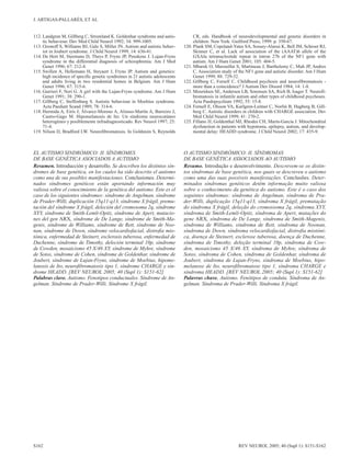 J. ARTIGAS-PALLARÉS, ET AL


112. Landgren M, Gillberg C, Stromland K. Goldenhar syndrome and autis-             CR, eds. Handbook of neurodevelopmental and genetic disorders in
     tic behaviour. Dev Med Child Neurol 1992; 34: 999-1005.                        children. New York: Guilford Press; 1999. p. 350-67.
113. Ozonoff S, Williams BJ, Gale S, Miller JN. Autism and autistic behav-     120. Plank SM, Copeland-Yates SA, Sossey-Alaoui K, Bell JM, Schroer RJ,
     ior in Joubert syndrome. J Child Neurol 1999; 14: 636-41.                      Skinner C, et al. Lack of association of the (AAAT)6 allele of the
114. De Hert M, Steemans D, Theys P, Fryns JP, Peuskens J. Lujan-Fryns              GXAlu tetranucleotide repeat in intron 27b of the NF1 gene with
     syndrome in the differential diagnosis of schizophrenia. Am J Med              autism. Am J Hum Genet 2001; 105: 404-5.
     Genet 1996; 67: 212-4.                                                    121. Mbarek O, Marouillat S, Martineau J, Barthelemy C, Muh JP, Andres
115. Swillen A, Hellemans H, Steyaert J, Fryns JP. Autism and genetics:             C. Association study of the NF1 gene and autistic disorder. Am J Hum
     high incidence of specific genetic syndromes in 21 autistic adolescents        Genet 1999; 88: 729-32.
     and adults living in two residential homes in Belgium. Am J Hum           122. Gillberg C, Forsell C. Childhood psychosis and neurofibromatosis -
     Genet 1996; 67: 315-6.                                                         more than a coincidence? J Autism Dev Disord 1984; 14: 1-8.
116. Gurrieri F, Neri G. A girl with the Lujan-Fryns syndrome. Am J Hum        123. Mouridsen SE, Andersen LB, Sorensen SA, Rich B, Isager T. Neurofi-
     Genet 1991; 38: 290-1.                                                         bromatosis in infantile autism and other types of childhood psychoses.
117. Gillberg C, Steffenburg S. Autistic behaviour in Moebius syndrome.             Acta Paedopsychiatr 1992; 55: 15-8.
     Acta Paediatr Scand 1989; 78: 314-6.                                      124. Fernell E, Olsson VA, Karlgren-Leitner C, Norlin B, Hagberg B, Gill-
118. Hermida A, Eirís J, Álvarez-Moreno A, Alonso-Martín A, Barreiro J,             berg C. Autistic disorders in children with CHARGE association. Dev
     Castro-Gago M. Hipomelanosis de Ito. Un síndrome neurocutáneo                  Med Child Neurol 1999; 41: 270-2.
     heterogéneo y posiblemente infradiagnosticado. Rev Neurol 1997; 25:       125. Fillano JJ, Goldenthal MJ, Rhodes CH, Marín-García J. Mitochondrial
     71-4.                                                                          dysfunction in patients with hypotonia, epilepsy, autism, and develop-
119. Nilson D, Bradford LW. Neurofibromatosis. In Goldstein S, Reynolds             mental delay: HEADD syndrome. J Child Neurol 2002; 17: 435-9.



EL AUTISMO SINDRÓMICO: II. SÍNDROMES                                           O AUTISMO SINDRÓMICO: II. SÍNDROMAS
DE BASE GENÉTICA ASOCIADOS A AUTISMO                                           DE BASE GENÉTICA ASSOCIADOS AO AUTISMO
Resumen. Introducción y desarrollo. Se describen los distintos sín-            Resumo. Introdução e desenvolvimento. Descrevem-se os distin-
dromes de base genética, en los cuales ha sido descrito el autismo             tos síndromas de base genética, nos quais se descreveu o autismo
como una de sus posibles manifestaciones. Conclusiones. Determi-               como uma das suas possíveis manifestações. Conclusões. Deter-
nados síndromes genéticos están aportando información muy                      minados síndromas genéticos detêm informação muito valiosa
valiosa sobre el conocimiento de la genética del autismo. Este es el           sobre o conhecimento da genética do autismo. Este é o caso dos
caso de los siguientes síndromes: síndrome de Angelman, síndrome               seguintes síndromas: síndroma de Angelman, síndroma de Pra-
de Prader-Willi, duplicación 15q11-q13, síndrome X frágil, premu-              der-Willi, duplicação 15q11-q13, síndroma X frágil, premutação
tación del síndrome X frágil, deleción del cromosoma 2q, síndrome              do síndroma X frágil, deleção do cromossoma 2q, síndroma XYY,
XYY, síndrome de Smith-Lemli-Opitz, síndrome de Apert, mutacio-                síndroma de Smith-Lemli-Opitz, síndroma de Apert, mutações do
nes del gen ARX, síndrome de De Lange, síndrome de Smith-Ma-                   gene ARX, síndroma de De Lange, síndroma de Smith-Magenis,
genis, síndrome de Williams, síndrome de Rett, síndrome de Noo-                síndroma de Williams, síndroma de Rett, síndroma de Noonan,
nan, síndrome de Down, síndrome velocardiofacial, distrofia mio-               síndroma de Down, síndroma velocardiofacial, distrofia miotóni-
tónica, enfermedad de Steinert, esclerosis tuberosa, enfermedad de             ca, doença de Steinert, esclerose tuberosa, doença de Duchenne,
Duchenne, síndrome de Timothy, deleción terminal 10p, síndrome                 síndroma de Timothy, deleção terminal 10p, síndroma de Cow-
de Cowden, mosaicismo 45 X/46 XY, síndrome de Myhre, síndrome                  den, mosaicismo 45 X/46 XY, síndroma de Myhre, síndroma de
de Sotos, síndrome de Cohen, síndrome de Goldenhar, síndrome de                Sotos, síndroma de Cohen, síndroma de Goldenhar, síndroma de
Joubert, síndrome de Lujan-Fryns, síndrome de Moebius, hipome-                 Joubert, síndroma de Lujan-Fryns, síndroma de Moebius, hipo-
lanosis de Ito, neurofibromatosis tipo 1, síndrome CHARGE y sín-               melanose de Ito, neurofibromatose tipo 1, síndroma CHARGE e
drome HEADD. [REV NEUROL 2005; 40 (Supl 1): S151-62]                           síndroma HEADD. [REV NEUROL 2005; 40 (Supl 1): S151-62]
Palabras clave. Autismo. Fenotipos conductuales. Síndrome de An-               Palavras chave. Autismo. Fenótipos de conduta. Síndroma de An-
gelman. Síndrome de Prader-Willi. Síndrome X frágil.                           gelman. Síndroma de Prader-Willi. Síndroma X frágil.




S162                                                                                                       REV NEUROL 2005; 40 (Supl 1): S151-S162
 