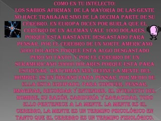 COMO EN TU INTELECTO:los sabios afirman  de la mayoría de las gente no hace trabajar sino de la decima parte de su cerebro. En Europa dicen por burla que el cerebro de un alemán vale 1000 dólares, porque esta bastante desgastado para pensar, por el cerebro de un norte americano 5000 dólares porque esta algo desgastado pero no tanto; y por el cerebro de un suramericano 20000 dólares porque esta para estrenar. Watchman Nee define la mente del hombre: es un órgano para pensar. Por medio de ella esta equipado, para conocer, pensar, imaginar, recordar y entender. El intelecto del hombre, su razón, sabiduría y sagacidad, todo ello pertenece a la mente. La mente es el cerebro, la mente es un termino psicológico en tanto que el cerebro es un termino fisiológico.    