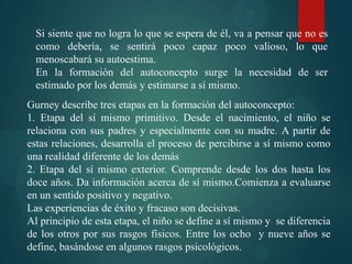 Si siente que no logra lo que se espera de él, va a pensar que no es
como debería, se sentirá poco capaz poco valioso, lo que
menoscabará su autoestima.
En la formación del autoconcepto surge la necesidad de ser
estimado por los demás y estimarse a sí mismo.
Gurney describe tres etapas en la formación del autoconcepto:
1. Etapa del sí mismo primitivo. Desde el nacimiento, el niño se
relaciona con sus padres y especialmente con su madre. A partir de
estas relaciones, desarrolla el proceso de percibirse a sí mismo como
una realidad diferente de los demás
2. Etapa del sí mismo exterior. Comprende desde los dos hasta los
doce años. Da información acerca de sí mismo.Comienza a evaluarse
en un sentido positivo y negativo.
Las experiencias de éxito y fracaso son decisivas.
Al principio de esta etapa, el niño se define a sí mismo y se diferencia
de los otros por sus rasgos físicos. Entre los ocho y nueve años se
define, basándose en algunos rasgos psicológicos.
 