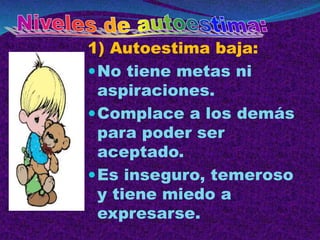 1) Autoestima baja:
No tiene metas ni
aspiraciones.
Complace a los demás
para poder ser
aceptado.
Es inseguro, temeroso
y tiene miedo a
expresarse.
 