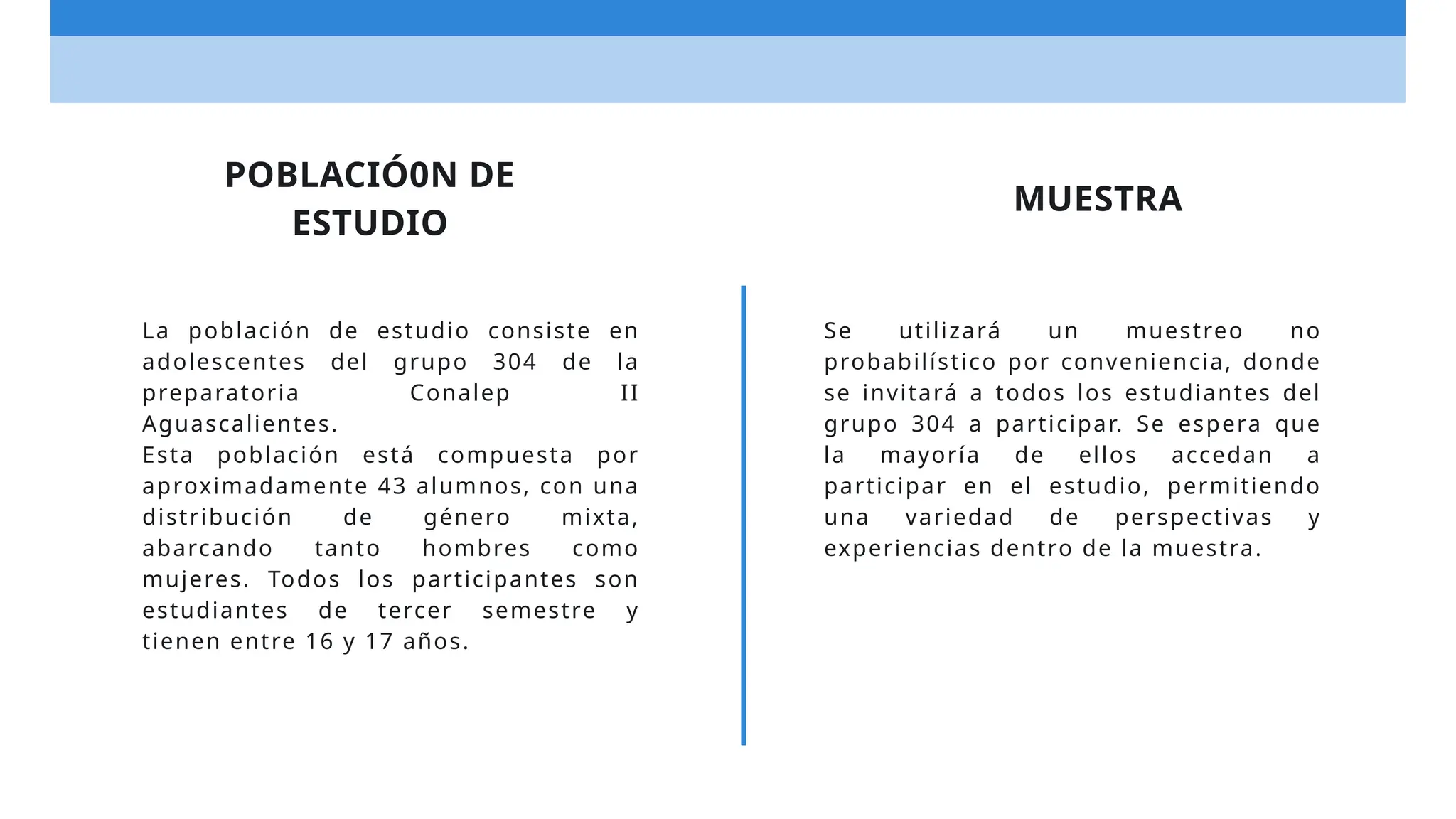 POBLACIÓ0N DE
ESTUDIO
La población de estudio consiste en
adolescentes del grupo 304 de la
preparatoria Conalep II
Aguascalientes.
Esta población está compuesta por
aproximadamente 43 alumnos, con una
distribución de género mixta,
abarcando tanto hombres como
mujeres. Todos los participantes son
estudiantes de tercer semestre y
tienen entre 16 y 17 años.
MUESTRA
Se utilizará un muestreo no
probabilístico por conveniencia, donde
se invitará a todos los estudiantes del
grupo 304 a participar. Se espera que
la mayoría de ellos accedan a
participar en el estudio, permitiendo
una variedad de perspectivas y
experiencias dentro de la muestra.
 