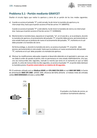 106 - Problemas M340
Universidad de Oviedo
ISA - J. Alonso - I. Machón
Problema 5.1 · Portón mediante GRAFCET
Diseñar el circuito lógico que realice la apertura y cierre de un portón de los tres modos siguientes:
a) Cuando se acciona el pulsador "P" y esté cerrado, ha de iniciar la maniobra de apertura y no
interrumpir ésta, hasta que el portón accione el final de carrera "A" (ABIERTO).
Cuando se acciona el pulsador "P" y esté abierto, ha de iniciar la maniobra de cierre y no interrumpir
ésta hasta que el portón accione el final de carrera "C" (CERRADO).
b) Manteniendo la maniobra base, expuesta en el apartado, "a)", en el caso de q ue se produjera, durante
la maniobra de apertura, el accionamiento del pulsador "P", el portón debe pararse, permaneciendo en
este estado hasta que se produzca de nuevo el accionamiento del pulsador, "P", momento en el cual
debe proceder a la maniobra de cierre.
De forma análoga, si, durante la maniobra de cierre, se acciona el pulsador "P", el portón debe
pararse, permaneciendo en este estado hasta que se produzca un nuevo accionamiento del pulsador
"P", momento en el cual debe proceder a la maniobra de apertura.
c) Efectuar las modificaciones adecuadas respecto al desarrollo obtenido en el apartado b, para que, una
vez dada la orden de parada al portón, éste no permanezca en este estado indefinidamente, sino que,
una vez transcurridos diez segundos, reanude la marcha que tenía en el momento en que se había
parado. Si, antes de transcurridos los diez segundos, se acciona el pulsador "P", el portón debe deshacer
la maniobra previa. El portón estará abierto un máximo de 30 segundos.
PD: El autómata utilizado será un Modicon M340 con CPU BMX P34 2020 en rack BMX XBP 0800, la fuente
de alimentación BMX CPS 2000 (24VDC 20W, eficiencia del 82%) alimenta al módulo mixto de entradas
salidas BMX DDM3202K entradas y salidas PNP.
El pulsador y los finales de carrera, se
consideran normalmente abiertos.
 