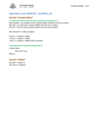 Problemas M340 - 113
Universidad de Oviedo
ISA - J. Alonso - I. Machón
Apartado C por GRAFCET - (pr0501c_G)
Sección “IniciaVariables”
(* Generación de las memorias que se utilizan en el programa *)
Mx_Pulsador := (Ix_Pulsador and Ix_LocDis) or(MxP_Pulsador and not Ix_LocDis);
Mx_FCA := (Ix_FCA and Ix_LocDis) or(MxP_FCA and not Ix_LocDis);
Mx_FCC := (Ix_FCC and Ix_LocDis) or(MxP_FCC and not Ix_LocDis);
Mx_FlancoPul:= re (Mx_Pulsador);
Tran4_1 := Etapa4.t > t#10s;
Tran5_3 := Etapa5.t > t#10s;
Tran2_3 := Etapa2.t > t#30s Or Mx_FlancoPul;
(*Inicialización de la pantalla de operador*)
If %S13 THEN
MxP_FCC:=True;
END_IF;
Sección "Salidas"
Qx_Abrir := Etapa1.x;
Qx_Cerrar := Etapa3.x;
 