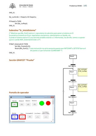 Problemas M340 - 145
Universidad de Oviedo
ISA - J. Alonso - I. Machón
END_IF;
Qx_LuzVerde := Etapa2.x Or Etapa3.x;
If Etapa2.x THEN
Set (Qx_LuzRoja);
END_IF;
Subrutina “Sr_IniciaSistema”
(* Mientras que Mx_PonCI esté en 1, ejecutamos la subrutina para poner al sistema en CI
Se pondría al sistema en CI p.e. bajaríamos una barrera, calentaríamos un líquido, etc.
Cuando el sistema esté en CI una serie de variables estarán a 1 informando, nos de ello, vamos a suponer
que es cuando MxP_SistemaEnCI esté a 1*)
If MxP_SistemaEnCI THEN
Set (Mx_PuestoEnCI);
Reset (Mx_PonCI); (* esta instrucción no sería necesaria puesto que INITCHART o SETSTEP borra el
bit puesto a 1 por la función CLEARCHART *)
END_IF;
Sección GRAFCET “Prueba”
Pantalla de operador
Qx_LuzVerde
R Qx_LuzRoja
Qx_LuzVerde
S Qx_LuzRoja
Etapa1
Etapa2
Etapa3
Etapa0
MxP_Sensor0
MxP_Sensor1
MxP_Sensor2
MxP_Marcha
 