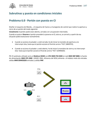 Problemas M340 - 147
Universidad de Oviedo
ISA - J. Alonso - I. Machón
Subrutinas y puesta en condiciones iniciales
Problema 6.0 · Portón con puesta en CI
Diseñar el esquema de Mando, , el esquema de Fuerza y el programa de control que realice la apertura y
cierre de un portón del modo siguiente:
Inicialmente el portón podrá estar abierto, cerrado o en una posición intermedia.
Cuando se pulse el Rearme el portón procederá a ponerse en CI, esto es, se cerrará y a partir de esa
situación podrá evolucionar normalmente.
 Cuando se acciona el pulsador y esté cerrado, ha de iniciar la maniobra de apertura y no
interrumpir ésta, hasta que el portón accione el final de carrera "FCA" (ABIERTO).
 Cuando se acciona el pulsador y esté abierto, ha de iniciar la maniobra de cierre y no interrumpir
ésta hasta que el portón accione el final de carrera "FCC" (CERRADO).
PD: El autómata utilizado será un Modicon M340 con CPU BMX P34 2020 en rack BMX XBP 0800, la fuente
de alimentación BMX CPS 2000 (24VDC 20W, eficiencia del 82%) alimenta al módulo mixto de entradas
salidas BMX DDM3202K entradas y salidas PNP.
 