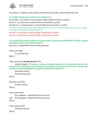 Problemas M340 - 149
Universidad de Oviedo
ISA - J. Alonso - I. Machón
Mx_AuxParo := Etapa0.x Or (Mx_EnParo And Not Mx_FCC) And (Mx_EnParo And Not Mx_FCA);
(* Variables utilizadas en el control Local o a Distancia *)
Mx_Pulsador := (Ix_Pulsador And Ix_LocDis) Or (MxP_Pulsador And Not Ix_LocDis);
Mx_Paro := (Ix_Paro And Ix_LocDis) Or (MxP_Paro And Not Ix_LocDis);
Mx_Rearme := (Ix_Rearme And Ix_LocDis) Or (MxP_Rearme And Not Ix_LocDis);
(* en rojo están las que ponemos para poder simularlo en casa, en realidad estas no se usarían, en su lugar,
se usarían las entradas Ix correspondientes *)
Mx_FCA := (Ix_FCA And Ix_LocDis) Or (MxP_FCA And Not Ix_LocDis);
Mx_FCC := (Ix_FCC And Ix_LocDis) Or (MxP_FCC And Not Ix_LocDis);
(*con el flanco del pulsador de Rearme, borramos todas las etapas activas del GRAFCET “Control” y se pone
automáticamente a 1 la variable Mx_PonCI*)
Mx_PonCI := CLEARCHART (Control, RE (Mx_Rearme));
If Mx_PonCI THEN
Sr_IniciaSistema();
END_IF;
If Mx_PuestoCI And Not Mx_Rearme THEN
Setstep (Etapa1); (*Si cuando se activase el Rearme estuviese ya en Condiciones Iniciales, esta
instrucción no se ejecutaría si no impusiésemos la condición que no esté activo el rearme. Recordar que
cuando está activo CLEARCHART no se ejecuta ni INITCHART ni SETSTEP *)
Reset (Mx_EnParo);
Reset (Mx_PuestoCI);
END_IF;
If Not Mx_Paro THEN
Set (Mx_EnParo);
END_IF;
If Mx_EnParo THEN
Mx_Congelado := FREEZECHART (Control, true);
ELSE Mx_Congelado := FREEZECHART (Control, false);
END_IF;
If Mx_Pulsador THEN
Reset (Mx_EnParo);
END_IF;
 