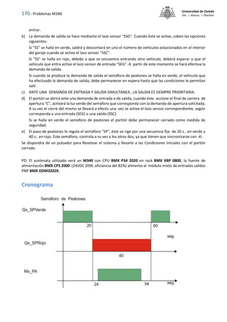170 - Problemas M340
Universidad de Oviedo
ISA - J. Alonso - I. Machón
20
54
24 seg.
seg.
40
60
Qx_SPVerde
Semáforo de Peatones
Mx_PA
Qx_SPRojo
entrar.
b) La demanda de salida se hace mediante el lazo sensor "SSG". Cuando éste se active, caben las opciones
siguientes:
Si "SS" se halla en verde, saldrá y descontará en uno el número de vehículos estacionados en el interior
del garaje cuando se active el lazo sensor "SSC".
Si "SS" se halla en rojo, debido a que se encuentra entrando otro vehículo, deberá esperar a que el
vehículo que entra active el lazo sensor de entrada "SEG". A partir de este momento se hará efectiva la
demanda de salida.
Si cuando se produce la demanda de salida el semáforo de peatones se halla en verde, el vehículo que
ha efectuado la demanda de salida, debe permanecer en espera hasta que las condiciones le permitan
salir.
c) ANTE UNA DEMANDA DE ENTRADA Y SALIDA SIMULTÁNEA , LA SALIDA ES SIEMPRE PRIORITARIA.
d) El portón se abrirá ante una demanda de entrada o de salida, cuando éste accione el final de carrera de
apertura "C", activará la luz verde del semáforo que corresponda con la demanda de apertura solicitada.
A su vez el cierre del mismo se llevará a efecto una vez se active el lazo sensor correspondiente, según
corresponda a una entrada (SEG) o una salida (SSC).
Si se halla en verde el semáforo de peatones el portón debe permanecer cerrado como medida de
seguridad.
e) El paso de peatones lo regula el semáforo "SP", éste se rige por una secuencia fija de 20 s.. en verde y
40 s.. en rojo. Este semáforo, controla a su vez a los otros dos, ya que tienen que sincronizarse con él.
Se dispondrá de un pulsador para Resetear el sistema y llevarlo a las Condiciones Iniciales con el portón
cerrado.
PD: El autómata utilizado será un M340 con CPU BMX P34 2020 en rack BMX XBP 0800, la fuente de
alimentación BMX CPS 2000 (24VDC 20W, eficiencia del 82%) alimenta al módulo mixto de entradas salidas
PNP BMX DDM3202K.
Cronograma
 