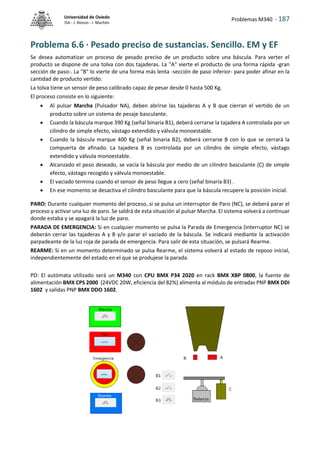 Problemas M340 - 187
Universidad de Oviedo
ISA - J. Alonso - I. Machón
Problema 6.6 · Pesado preciso de sustancias. Sencillo. EM y EF
Se desea automatizar un proceso de pesado preciso de un producto sobre una báscula. Para verter el
producto se dispone de una tolva con dos tajaderas. La "A" vierte el producto de una forma rápida -gran
sección de paso-. La "B" lo vierte de una forma más lenta -sección de paso inferior- para poder afinar en la
cantidad de producto vertido.
La tolva tiene un sensor de peso calibrado capaz de pesar desde 0 hasta 500 Kg.
El proceso consiste en lo siguiente:
 Al pulsar Marcha (Pulsador NA), deben abrirse las tajaderas A y B que cierran el vertido de un
producto sobre un sistema de pesaje basculante.
 Cuando la báscula marque 390 Kg (señal binaria B1), deberá cerrarse la tajadera A controlada por un
cilindro de simple efecto, vástago extendido y válvula monoestable.
 Cuando la báscula marque 400 Kg (señal binaria B2), deberá cerrarse B con lo que se cerrará la
compuerta de afinado. La tajadera B es controlada por un cilindro de simple efecto, vástago
extendido y válvula monoestable.
 Alcanzado el peso deseado, se vacía la báscula por medio de un cilindro basculante (C) de simple
efecto, vástago recogido y válvula monoestable.
 El vaciado termina cuando el sensor de peso llegue a cero (señal binaria B3) .
 En ese momento se desactiva el cilindro basculante para que la báscula recupere la posición inicial.
PARO: Durante cualquier momento del proceso, si se pulsa un interruptor de Paro (NC), se deberá parar el
proceso y activar una luz de paro. Se saldrá de esta situación al pulsar Marcha. El sistema volverá a continuar
donde estaba y se apagará la luz de paro.
PARADA DE EMERGENCIA: Si en cualquier momento se pulsa la Parada de Emergencia (interruptor NC) se
deberán cerrar las tajaderas A y B y/o parar el vaciado de la báscula. Se indicará mediante la activación
parpadeante de la luz roja de parada de emergencia. Para salir de esta situación, se pulsará Rearme.
REARME: Si en un momento determinado se pulsa Rearme, el sistema volverá al estado de reposo inicial,
independientemente del estado en el que se produjese la parada.
PD: El autómata utilizado será un M340 con CPU BMX P34 2020 en rack BMX XBP 0800, la fuente de
alimentación BMX CPS 2000 (24VDC 20W, eficiencia del 82%) alimenta al módulo de entradas PNP BMX DDI
1602 y salidas PNP BMX DDO 1602.
 