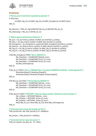 Problemas M340 - 203
Universidad de Oviedo
ISA - J. Alonso - I. Machón
Preliminar
(* Marcas para el control de la pantalla de operador *)
IF %S13 then
set (MxP_Vig_C1); set (MxP_Vig_C2); set (MxP_Emergencia); set (MxP_Desc);
END_IF;
Mx_Nominal := TON_Inh_Vig.Q AND NOT Mx_Av_C1 AND NOT Mx_Av_C2;
Mx_Sobrecarga := Mx_Av_C1 OR Mx_Av_C2;
(* Marcas para el control Local / Distancia *)
Mx_Con := (Ix_Con And Ix_LocDist) Or (MxP_Con And Not Ix_LocDist);
Mx_Desc := (Ix_Desc And Ix_LocDist) Or (MxP_Desc And Not Ix_LocDist);
Mx_Emergencia := (Ix_Emerg And Ix_LocDist) Or (MxP_Emergencia And Not Ix_LocDist);
Mx_Rearme := (Ix_Rearme And Ix_LocDist) Or (MxP_Rearme And Not Ix_LocDist);
Mx_Vig_C1 := (Ix_Vig_C1 And Ix_LocDist) Or (MxP_Vig_C1 And Not Ix_LocDist);
Mx_Vig_C2 := (Ix_Vig_C2 And Ix_LocDist) Or (MxP_Vig_C2 And Not Ix_LocDist);
If Not Mx_Emergencia THEN (* Borra GRAFCETs*)
Mx_ClearState := CLEARCHART (Mando, true) ;
Mx_ClearState := CLEARCHART (Cinta_C1, true) ;
Mx_ClearState := CLEARCHART (Cinta_C2, true) ;
Set (Mx_EnEmergencia);
END_IF;
If Mx_Av_C1 THEN (* Borra el GRAFCET de la C1 y pone el GRAFCET de Mando, en descarga de C2 *)
Resetstep (Etapa11); Resetstep (Etapa12);
Resetstep (Etapa1); Resetstep (Etapa2); Setstep (Etapa3);
END_IF;
If RE (Mx_Av_C2) THEN (* Borra todos los GRAFCETs*)
Mx_ClearState := CLEARCHART (Mando, , true) ;
Mx_ClearState := CLEARCHART (Cinta_C1, true) ;
Mx_ClearState := CLEARCHART (Cinta_C2, true) ;
END_IF;
If Mx_Rearme THEN (* INITCHART Activa las etapas iniciales y Resetea el resto de etapas *)
Mx_InitState := INITCHART (Mando, , true) ;
Mx_InitState := INITCHART (Cinta_C1, true) ;
Mx_InitState := INITCHART (Cinta_C2, true) ;
Reset (Mx_Av_C1) ; Reset (Mx_Av_C2); Reset (Mx_EnEmergencia);
END_IF;
(* Generación de la marca del oscilador de 2Hz *)
TON_Osc2Hz (IN:= Not TON_Osc2Hz.Q, PT:= t#500ms) ;
Mx_Osc2Hz := TON_Osc2Hz.ET > t#250ms;
(* Generación de las marcas de averías *)
TON_Inh_Vig (IN:= Qx_Mot_C2, PT:= t#5s);
 
