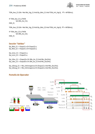 204 - Problemas M340
Universidad de Oviedo
ISA - J. Alonso - I. Machón
TON_Ave_C1 (IN:= Not Mx_Vig_C1 And Qx_Mot_C1 And TON_Inh_Vig.Q, PT:= t#700ms);
IF TON_Ave_C1.q THEN
Set (Mx_Av_C1);
END_IF;
TON_Ave_C2 (IN:= Not Mx_Vig_C2 And Qx_Mot_C2 And TON_Inh_Vig.Q, PT:= t#700ms);
IF TON_Ave_C2.q THEN
Set (Mx_Av_C2);
END_IF;
Sección "Salidas"
Qx_Mot_C1 := Etapa11.x Or Etapa12.x;
Qx_Mot_C2 := Etapa21.x Or Etapa22.x;
Qx_LCon_C1 := Etapa11.x;
Qx_Lcon_C2 := Etapa21.x;
Qx_LDes_C1 := Etapa10.x Or (Mx_Av_C1 And Mx_Osc2Hz);
Qx_Ldes_C2 := Etapa20.x Or (Mx_Av_C2 And Mx_Osc2Hz);
Qx_LDescg_C1 := Mx_EnEmergencia Or (Etapa12.x And Mx_Osc2Hz);
Qx_LDescg_C2 := Mx_EnEmergencia Or (Etapa22.x And Mx_Osc2Hz);
Pantalla de Operador
 