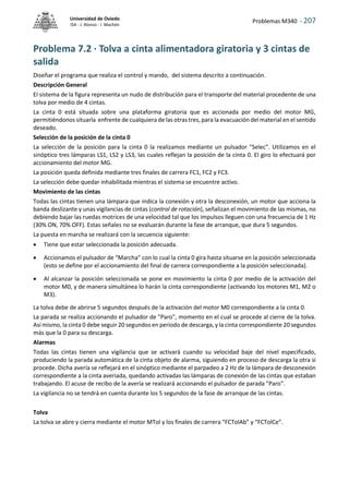 Problemas M340 - 207
Universidad de Oviedo
ISA - J. Alonso - I. Machón
Problema 7.2 · Tolva a cinta alimentadora giratoria y 3 cintas de
salida
Diseñar el programa que realiza el control y mando, del sistema descrito a continuación.
Descripción General
El sistema de la figura representa un nudo de distribución para el transporte del material procedente de una
tolva por medio de 4 cintas.
La cinta 0 está situada sobre una plataforma giratoria que es accionada por medio del motor MG,
permitiéndonos situarla enfrente de cualquiera de las otras tres, para la evacuación del material en el sentido
deseado.
Selección de la posición de la cinta 0
La selección de la posición para la cinta 0 la realizamos mediante un pulsador "Selec". Utilizamos en el
sinóptico tres lámparas LS1, LS2 y LS3, las cuales reflejan la posición de la cinta 0. El giro lo efectuará por
accionamiento del motor MG.
La posición queda definida mediante tres finales de carrera FC1, FC2 y FC3.
La selección debe quedar inhabilitada mientras el sistema se encuentre activo.
Movimiento de las cintas
Todas las cintas tienen una lámpara que indica la conexión y otra la desconexión, un motor que acciona la
banda deslizante y unas vigilancias de cintas (control de rotación), señalizan el movimiento de las mismas, no
debiendo bajar las ruedas motrices de una velocidad tal que los impulsos lleguen con una frecuencia de 1 Hz
(30% ON, 70% OFF). Estas señales no se evaluarán durante la fase de arranque, que dura 5 segundos.
La puesta en marcha se realizará con la secuencia siguiente:
 Tiene que estar seleccionada la posición adecuada.
 Accionamos el pulsador de “Marcha” con lo cual la cinta 0 gira hasta situarse en la posición seleccionada
(esto se define por el accionamiento del final de carrera correspondiente a la posición seleccionada).
 Al alcanzar la posición seleccionada se pone en movimiento la cinta 0 por medio de la activación del
motor M0, y de manera simultánea lo harán la cinta correspondiente (activando los motores M1, M2 o
M3).
La tolva debe de abrirse 5 segundos después de la activación del motor M0 correspondiente a la cinta 0.
La parada se realiza accionando el pulsador de "Paro", momento en el cual se procede al cierre de la tolva.
Así mismo, la cinta 0 debe seguir 20 segundos en periodo de descarga, y la cinta correspondiente 20 segundos
más que la 0 para su descarga.
Alarmas
Todas las cintas tienen una vigilancia que se activará cuando su velocidad baje del nivel especificado,
produciendo la parada automática de la cinta objeto de alarma, siguiendo en proceso de descarga la otra si
procede. Dicha avería se reflejará en el sinóptico mediante el parpadeo a 2 Hz de la lámpara de desconexión
correspondiente a la cinta averiada, quedando activadas las lámparas de conexión de las cintas que estaban
trabajando. El acuse de recibo de la avería se realizará accionando el pulsador de parada "Paro".
La vigilancia no se tendrá en cuenta durante los 5 segundos de la fase de arranque de las cintas.
Tolva
La tolva se abre y cierra mediante el motor MTol y los finales de carrera “FCTolAb” y “FCTolCe”.
 