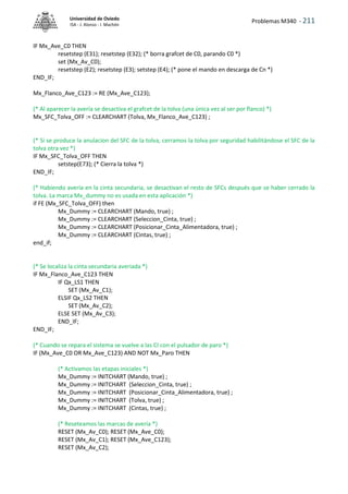 Problemas M340 - 211
Universidad de Oviedo
ISA - J. Alonso - I. Machón
IF Mx_Ave_C0 THEN
resetstep (E31); resetstep (E32); (* borra grafcet de C0, parando C0 *)
set (Mx_Av_C0);
resetstep (E2); resetstep (E3); setstep (E4); (* pone el mando en descarga de Cn *)
END_IF;
Mx_Flanco_Ave_C123 := RE (Mx_Ave_C123);
(* Al aparecer la avería se desactiva el grafcet de la tolva (una única vez al ser por flanco) *)
Mx_SFC_Tolva_OFF := CLEARCHART (Tolva, Mx_Flanco_Ave_C123) ;
(* Si se produce la anulacion del SFC de la tolva, cerramos la tolva por seguridad habilitándose el SFC de la
tolva otra vez *)
IF Mx_SFC_Tolva_OFF THEN
setstep(E73); (* Cierra la tolva *)
END_IF;
(* Habiendo avería en la cinta secundaria, se desactivan el resto de SFCs después que se haber cerrado la
tolva. La marca Mx_dummy no es usada en esta aplicación *)
if FE (Mx_SFC_Tolva_OFF) then
Mx_Dummy := CLEARCHART (Mando, true) ;
Mx_Dummy := CLEARCHART (Seleccion_Cinta, true) ;
Mx_Dummy := CLEARCHART (Posicionar_Cinta_Alimentadora, true) ;
Mx_Dummy := CLEARCHART (Cintas, true) ;
end_if;
(* Se localiza la cinta secundaria averiada *)
IF Mx_Flanco_Ave_C123 THEN
IF Qx_LS1 THEN
SET (Mx_Av_C1);
ELSIF Qx_LS2 THEN
SET (Mx_Av_C2);
ELSE SET (Mx_Av_C3);
END_IF;
END_IF;
(* Cuando se repara el sistema se vuelve a las CI con el pulsador de paro *)
IF (Mx_Ave_C0 OR Mx_Ave_C123) AND NOT Mx_Paro THEN
(* Activamos las etapas iniciales *)
Mx_Dummy := INITCHART (Mando, true) ;
Mx_Dummy := INITCHART (Seleccion_Cinta, true) ;
Mx_Dummy := INITCHART (Posicionar_Cinta_Alimentadora, true) ;
Mx_Dummy := INITCHART (Tolva, true) ;
Mx_Dummy := INITCHART (Cintas, true) ;
(* Reseteamos las marcas de avería *)
RESET (Mx_Av_C0); RESET (Mx_Ave_C0);
RESET (Mx_Av_C1); RESET (Mx_Ave_C123);
RESET (Mx_Av_C2);
 