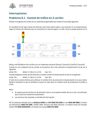Problemas M340 - 221
Universidad de Oviedo
ISA - J. Alonso - I. Machón
Interrupciones
Problema 8.1 · Control de tráfico en 2 carriles
Diseñar el programa de control de un autómata programable que realice el enunciado siguiente:
Un semáforo ha de regir el paso de vehículos, pero éste estará sujeto a una variación en su temporización,
según el número de vehículos que se encuentren en cola de espera. La calle, como se puede apreciar en el
dibujo, está dividida en dos carriles con sus respectivos sensores (Sensor1, Sensor2) y (Sensor3, Sensor4).
Cuando en uno cualquiera de los carriles se encuentran 20 o más vehículos la temporización ha de ser la
siguiente:
verde: 30 s ámbar: 5 s fijo y 3 s a 2 Hz rojo: 15 s
Cuando tengamos menos de 20 vehículos en ambos carriles la temporización ha de ser la siguiente:
verde: 20 s ámbar: 5 s fijo y 3 s a 2 Hz rojo: 20 s
El valor de la cuenta efectiva para efectuar el cambio de la secuencia de la temporización es la que realiza
desde el momento en que el semáforo se pone en rojo hasta un instante antes de producirse el cambio a
verde.
Nota:
 Se supone que los carriles son de dirección única y no se puede cambiar de uno a otro. Los vehículos
que circulan son solamente automóviles.
 Los sensores irán asociados a entradas de interrupción
PD: El autómata utilizado será un Modicon M340 con CPU BMX P34 2020 en rack BMX XBP 0800, la fuente
de alimentación BMX CPS 2000 (24VDC 20W, eficiencia del 82%) alimenta al módulo mixto de entradas
salidas PNP BMX DDM3202K y al módulo de contaje BMX EHC 0800.
S1
S3
S2
S4
 
