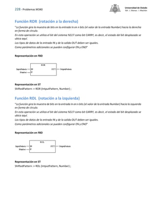 228 - Problemas M340
Universidad de Oviedo
ISA - J. Alonso - I. Machón
Función ROR (rotación a la derecha)
"La función gira la muestra de bits en la entrada In en n bits (el valor de la entrada Number) hacia la derecha
en forma de círculo.
En esta operación se utiliza el bit del sistema %S17 como bit CARRY, es decir, el estado del bit desplazado se
ubica aquí.
Los tipos de datos de la entrada IN y de la salida OUT deben ser iguales.
Como parámetros adicionales se pueden configurar EN y ENO"
Representación en FBD
Representación en ST
ShIftedPattern := ROR (IntputPattern, Number) ;
Función ROL (rotación a la izquierda)
"La función gira la muestra de bits en la entrada In en n bits (el valor de la entrada Number) hacia la izquierda
en forma de círculo.
En esta operación se utiliza el bit del sistema %S17 como bit CARRY, es decir, el estado del bit desplazado se
ubica aquí.
Los tipos de datos de la entrada IN y de la salida OUT deben ser iguales.
Como parámetros adicionales se pueden configurar EN y ENO"
Representación en FBD
Representación en ST
ShIftedPattern := ROL (IntputPattern, Number) ;
 