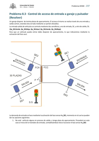 Problemas M340 - 237
Universidad de Oviedo
ISA - J. Alonso - I. Machón
Problema 8.3 · Control de acceso de entrada a garaje y pulsador
(Resolver)
Un garaje dispone de treinta plazas de aparcamiento. El acceso al mismo se realiza través de una entrada y
salida común, estando ésta cerrada mediante un portón elevadizo.
La entrada-salida de vehículos se controla mediante dos semáforos; uno de entrada, SE, y otro de salida, SS.
(Qx_SELVerde, Qx_SELRoja, Qx_SELAzul, Qx_SSLVerde, Qx_SSLRoja)
Para que un vehículo pueda entrar debe disponer de aparcamiento, lo que indicaremos mediante la
activación del foco azul.
La demanda de entrada se hace mediante la activación del lazo sensor Ix_SE1, momento en el cual se pueden
dar las opciones siguientes:
1. No esté vehículo alguno en proceso de salida, y tenga plaza de aparcamiento. Procederá en este
caso al inicio de la maniobra de entrada, contabilizándose ésta al accionar el lazo sensor Ix_SE2.
 