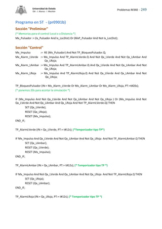 Problemas M340 - 249
Universidad de Oviedo
ISA - J. Alonso - I. Machón
Programa en ST - (pr0901b)
Sección "Preliminar"
(* Memorias para el control Local o a Distancia *)
Mx_Pulsador := (Ix_Pulsador And Ix_LocDist) Or (MxP_Pulsador And Not Ix_LocDist);
Sección "Control"
Mx_Impulso := RE (Mx_Pulsador) And Not TP_BloqueoPulsador.Q;
Mx_Alarm_LVerde := Mx_Impulso And TP_AlarmLVerde.Q And Not Qx_LVerde And Not Qx_LAmbar And
Qx_LRoja;
Mx_Alarm_LAmbar := Mx_Impulso And TP_AlarmLAmbar.Q And Qx_LVerde And Not Qx_LAmbar And Not
Qx_LRoja;
Mx_Alarm_LRoja := Mx_Impulso And TP_AlarmLRoja.Q And Not Qx_LVerde And Qx_LAmbar And Not
Qx_LRoja;
TP_BloqueoPulsador (IN:= Mx_Alarm_LVerde Or Mx_Alarm_LAmbar Or Mx_Alarm_LRoja, PT:=t#20s);
(* ponemos 20s para acortar la simulación *)
IF (Mx_Impulso And Not Qx_LVerde And Not Qx_LAmbar And Not Qx_LRoja ) Or (Mx_Impulso And Not
Qx_LVerde And Not Qx_LAmbar And Qx_LRoja And Not TP_AlarmLVerde.Q) THEN
SET (Qx_LVerde);
RESET (Qx_LRoja);
RESET (Mx_Impulso);
END_IF;
TP_AlarmLVerde (IN:= Qx_LVerde, PT:= t#12s); (*Temporizador tipo TP*)
IF Mx_Impulso And Qx_LVerde And Not Qx_LAmbar And Not Qx_LRoja And Not TP_AlarmLAmbar.Q THEN
SET (Qx_LAmbar);
RESET (Qx_LVerde);
RESET (Mx_Impulso);
END_IF;
TP_AlarmLAmbar (IN:= Qx_LAmbar, PT:= t#12s); (* Temporizador tipo TP *)
IF Mx_Impulso And Not Qx_LVerde And Qx_LAmbar And Not Qx_LRoja And Not TP_AlarmLRoja.Q THEN
SET (Qx_LRoja);
RESET (Qx_LAmbar);
END_IF;
TP_AlarmLRoja (IN:= Qx_LRoja, PT:= t#12s); (* Temporizador tipo TP *)
 