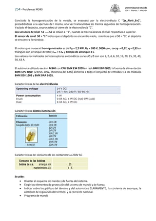 254 - Problemas M340
Universidad de Oviedo
ISA - J. Alonso - I. Machón
Concluida la homogeneización de la mezcla, se evacuará por la electroválvula C "Qx_Abrir_EvC",
procediéndose a la apertura de l misma, una vez transcurridos los treinta segundos de homogeneización.
Vaciado el depósito, se procederá al cierre de la electroválvula "C".
Los sensores de nivel S1 ..... S5 se sitúan a "1", cuando la mezcla alcanza el nivel respectivo o superior.
El sensor de nivel S0 = "1" indica que el depósito se encuentra vacío, mientras que si S0 = "0", el depósito
se encuentra llenándose.
El motor que mueve el homogeneizador es de PM = 2,2 KW, UN = 380 V, 3000 rpm, cos ϕ = 0,92,  = 0,93 en
triángulo con arranque directo y Iarr = 5 IN y tiempo de arranque 3 s.
Los valores normalizados de Interruptores automáticos curvas C y D son son 1, 2, 4, 6, 10, 16, 20, 25, 32, 40,
50, 63 A.
El autómata utilizado será un M340 con CPU BMX P34 2020 en rack BMX XBP 0800, la fuente de alimentación
BMX CPS 2000 (24VDC 20W, eficiencia del 82%) alimenta a todo el conjunto de entradas y a los módulos
BMX DDI 1602 y BMX DRA 1605.
Características de las electroválvulas
Características pilotos iluminación
Características del consumo de los contactores a 230V AC
Se pide:
 Diseñar el esquema de mando y de fuerza del sistema.
 Elegir los elementos de protección del sistema de mando y de fuerza.
 Indicar sobre las gráficas del térmico y del automático CLARAMENTE, la corriente de arranque, la
corriente de regulación del térmico y la corriente nominal.
 Programa de mando
 