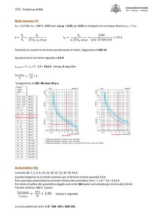 256 - Problemas M340
Universidad de Oviedo
ISA - J. Alonso - I. Machón
Relé térmico F1
PM = 2,2 KW, UN = 380 V, 3000 rpm, cos ϕ = 0,92,  = 0,93 en triángulo con arranque directo y Iarr = 5 IN .
𝜂 =
𝑃𝑢
𝑃𝑒
=
𝑃𝑢
√3 𝑈𝑁 𝐼𝑁 cos 
𝐼𝑁 =
𝑃𝑢
𝜂 √3 𝑈𝑁 cos 
=
2200
0,92 √3 380 0,93
= 3,9 𝐴
Teniendo en cuenta la corriente que demanda el motor, elegiremos el LRD-12
Ajustaremos la corriente regulada a 3,9 A
Iarranque = 5 · IN = 5 · 3,9 = 19,5 A tiempo 3 segundos
𝐼𝑎𝑟𝑟𝑎𝑛𝑞𝑢𝑒
𝐼𝑁
=
19,5
3,9
= 5
Escogeremos el LRD -08 clase 20 p.e.
Automático Q1
curvas C y D 1, 2, 4, 6, 10, 16, 20, 25, 32, 40, 50, 63 A.
Cuando tengamos la corriente nominal, por el térmico estarán pasando 3,9 A
Para que haya selectividad la corriente mínima del automático será: I = 1,6 * 3,9 = 6,24 A
Por tanto el calibre del automático elegido será el de 10A (valor normalizado por encima de 6,24 A).
Tensión nominal: 380 V 3 polos.
𝐼𝑎𝑟𝑟𝑎𝑛𝑞𝑢𝑒
𝐼𝑐𝑎𝑙𝑖𝑏𝑟𝑒
=
19,5
10
= 1,95 tiempo 5 segundos
La curva podría ser la C o la D. C60 10A o D60 10A.
 