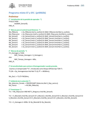 Problemas M340 - 265
Universidad de Oviedo
ISA - J. Alonso - I. Machón
Programa mixto ST y SFC (pr0902b)
Preliminar
(* Inicialización de la pantalla de operador *)
If %S13 THEN
Set(MxP_Sensor0);
END_IF;
(* Marcas para el control Local-Distancia *)
Mx_PMezcla := (Ix_PMezcla And Ix_LocDist) Or (MxP_PMezcla And Not Ix_LocDist);
Mx_PEjecucion := (Ix_PEjecucion And Ix_LocDist) Or (MxP_PEjecucion And Not Ix_LocDist);
Mx_Sensor0 := (Ix_Sensor0 And Ix_LocDist) Or (MxP_Sensor0 And Not Ix_LocDist);
Mx_Sensor1 := (Ix_Sensor1 And Ix_LocDist) Or (MxP_Sensor1 And Not Ix_LocDist);
Mx_Sensor2 := (Ix_Sensor2 And Ix_LocDist) Or (MxP_Sensor2 And Not Ix_LocDist);
Mx_Sensor3 := (Ix_Sensor3 And Ix_LocDist) Or (MxP_Sensor3 And Not Ix_LocDist);
Mx_Sensor4 := (Ix_Sensor4 And Ix_LocDist) Or (MxP_Sensor4 And Not Ix_LocDist);
Mx_Sensor5 := (Ix_Sensor5 And Ix_LocDist) Or (MxP_Sensor5 And Not Ix_LocDist);
(* Marcas de pantalla *)
If S_Homogen.x THEN
MtP_Tiempo_Homogen:= S_Homogen.t;
else
MtP_Tiempo_Homogen:= t#0s;
END_IF;
(* ArrancaOscilador para animar el homegenizador cuando proceda.
Usamos un temporizador"T1", introducido como bloque DFB de tipo TON *)
T1 (IN := Qx_Homogeneizar And Not T1.Q, PT := t#500ms);
Mx_Osc1 := T1.ET>T#250ms;
(* Inhibición de la selección *)
Mx_Seleccion_Parada := FREEZECHART (Seleccion,Not S_Dep_vacio.x);
Mx_Flanco := RE (Mx_PMezcla);
(* Transiciones *)
Tr1 := Mx_PEjecucion AND NOT S_Ninguna.x And Mx_Sensor0;
Tr2 := S_Mezcla0.x And Mx_Sensor5 Or S_Mezcla1.x And Mx_Sensor4 Or S_Mezcla2.x And Mx_Sensor3 Or
S_Mezcla3.x And Mx_Sensor2 Or S_Mezcla4.x And Mx_Sensor5 Or S_Mezcla5.x And Mx_Sensor0;
Tr3 := S_Homogen.t> t#30s Or Qx_Mezcla0 Or Qx_Mezcla5;
 