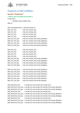Problemas M340 - 285
Universidad de Oviedo
ISA - J. Alonso - I. Machón
Programa en FBD ( pr0904a )
Sección "Preliminar"
(*Marcas para la pantalla de operador*)
IF %S13 then
set (MxP_FC3); set (MxP_FC1);
END_IF;
MtP_TiempoElectrolisis := TON_Electrolisis.ET;
MxP_FC1_FC3 := Mx_FC1 and Mx_FC3;
MxP_FC1_FC4 := Mx_FC1 and Mx_FC4;
MxP_FC1_FC5 := Mx_FC1 and Mx_FC5;
MxP_FC1_FC6 := Mx_FC1 and Mx_FC6;
MxP_FC1_FC3_Sub := Mx_FC1 and Mx_FC3 and Qx_MotSubir;
MxP_FC1_FC4_Sub := Mx_FC1 and Mx_FC4 and Qx_MotSubir;
MxP_FC1_FC5_Sub := Mx_FC1 and Mx_FC5 and Qx_MotSubir;
MxP_FC1_FC6_Sub := Mx_FC1 and Mx_FC6 and Qx_MotSubir;
MxP_FC2_FC3 := Mx_FC2 and Mx_FC3;
MxP_FC2_FC4 := Mx_FC2 and Mx_FC4;
MxP_FC2_FC5 := Mx_FC2 and Mx_FC5;
MxP_FC2_FC6 := Mx_FC2 and Mx_FC6;
MxP_FC2_FC3_Baj := Mx_FC2 and Mx_FC3 and Qx_MotBajar;
MxP_FC2_FC4_Baj := Mx_FC2 and Mx_FC4 and Qx_MotBajar;
MxP_FC2_FC5_Baj := Mx_FC2 and Mx_FC5 and Qx_MotBajar;
MxP_FC2_FC6_Bbaj := Mx_FC2 and Mx_FC6 and Qx_MotBajar;
MxP_FC2_FC3_Dcha := Mx_FC2 and Mx_FC3 and Qx_MotDcha;
MxP_FC2_FC4_Dcha := Mx_FC2 and Mx_FC4 and Qx_MotDcha;
MxP_FC2_FC5_Dcha := Mx_FC2 and Mx_FC5 and Qx_MotDcha;
MxP_FC2_FC4_Izda := Mx_FC2 and Mx_FC4 and Qx_MotIzda;
MxP_FC2_FC5_Izda := Mx_FC2 and Mx_FC5 and Qx_MotIzda;
MxP_FC2_FC6_Izda := Mx_FC2 and Mx_FC6 and Qx_MotIzda;
MxP_NoFC1FC2_FC3 := not Mx_FC1 and not Mx_FC2 and Mx_FC3;
MxP_NoFC1FC2_FC3_Sub := not Mx_FC1 and not Mx_FC2 and Mx_FC3 and Qx_MotSubir;
MxP_NoFC1FC2_FC3_Baj := not Mx_FC1 and not Mx_FC2 and Mx_FC3 and Qx_MotBajar;
MxP_NoFC1FC2_FC4 := not Mx_FC1 and not Mx_FC2 and Mx_FC4;
MxP_NoFC1FC2_FC4_Sub := not Mx_FC1 and not Mx_FC2 and Mx_FC4 and Qx_MotSubir;
MxP_NoFC1FC2_FC4_Baj := not Mx_FC1 and not Mx_FC2 and Mx_FC4 and Qx_MotBajar;
MxP_NoFC1FC2_FC5 := not Mx_FC1 and not Mx_FC2 and Mx_FC5;
MxP_NoFC1FC2_FC5_Sub := not Mx_FC1 and not Mx_FC2 and Mx_FC5 and Qx_MotSubir;
MxP_NoFC1FC2_FC5_Baj := not Mx_FC1 and not Mx_FC2 and Mx_FC5 and Qx_MotBajar;
 