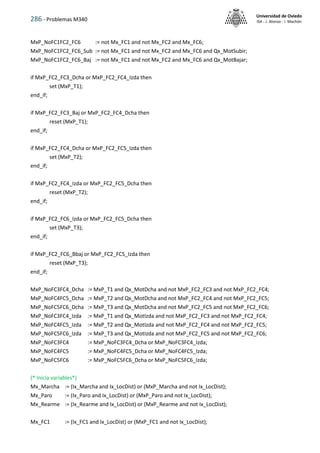 286 - Problemas M340
Universidad de Oviedo
ISA - J. Alonso - I. Machón
MxP_NoFC1FC2_FC6 := not Mx_FC1 and not Mx_FC2 and Mx_FC6;
MxP_NoFC1FC2_FC6_Sub := not Mx_FC1 and not Mx_FC2 and Mx_FC6 and Qx_MotSubir;
MxP_NoFC1FC2_FC6_Baj := not Mx_FC1 and not Mx_FC2 and Mx_FC6 and Qx_MotBajar;
if MxP_FC2_FC3_Dcha or MxP_FC2_FC4_Izda then
set (MxP_T1);
end_if;
if MxP_FC2_FC3_Baj or MxP_FC2_FC4_Dcha then
reset (MxP_T1);
end_if;
if MxP_FC2_FC4_Dcha or MxP_FC2_FC5_Izda then
set (MxP_T2);
end_if;
if MxP_FC2_FC4_Izda or MxP_FC2_FC5_Dcha then
reset (MxP_T2);
end_if;
if MxP_FC2_FC6_Izda or MxP_FC2_FC5_Dcha then
set (MxP_T3);
end_if;
if MxP_FC2_FC6_Bbaj or MxP_FC2_FC5_Izda then
reset (MxP_T3);
end_if;
MxP_NoFC3FC4_Dcha := MxP_T1 and Qx_MotDcha and not MxP_FC2_FC3 and not MxP_FC2_FC4;
MxP_NoFC4FC5_Dcha := MxP_T2 and Qx_MotDcha and not MxP_FC2_FC4 and not MxP_FC2_FC5;
MxP_NoFC5FC6_Dcha := MxP_T3 and Qx_MotDcha and not MxP_FC2_FC5 and not MxP_FC2_FC6;
MxP_NoFC3FC4_Izda := MxP_T1 and Qx_MotIzda and not MxP_FC2_FC3 and not MxP_FC2_FC4;
MxP_NoFC4FC5_Izda := MxP_T2 and Qx_MotIzda and not MxP_FC2_FC4 and not MxP_FC2_FC5;
MxP_NoFC5FC6_Izda := MxP_T3 and Qx_MotIzda and not MxP_FC2_FC5 and not MxP_FC2_FC6;
MxP_NoFC3FC4 := MxP_NoFC3FC4_Dcha or MxP_NoFC3FC4_Izda;
MxP_NoFC4FC5 := MxP_NoFC4FC5_Dcha or MxP_NoFC4FC5_Izda;
MxP_NoFC5FC6 := MxP_NoFC5FC6_Dcha or MxP_NoFC5FC6_Izda;
(* Inicia variables*)
Mx_Marcha := (Ix_Marcha and Ix_LocDist) or (MxP_Marcha and not Ix_LocDist);
Mx_Paro := (Ix_Paro and Ix_LocDist) or (MxP_Paro and not Ix_LocDist);
Mx_Rearme := (Ix_Rearme and Ix_LocDist) or (MxP_Rearme and not Ix_LocDist);
Mx_FC1 := (Ix_FC1 and Ix_LocDist) or (MxP_FC1 and not Ix_LocDist);
 