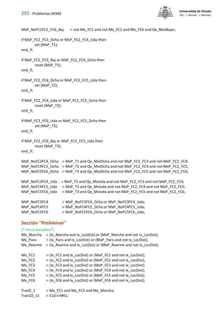 292 - Problemas M340
Universidad de Oviedo
ISA - J. Alonso - I. Machón
MxP_NoFC1FC2_FC6_Baj := not Mx_FC1 and not Mx_FC2 and Mx_FC6 and Qx_MotBajar;
if MxP_FC2_FC3_Dcha or MxP_FC2_FC4_Izda then
set (MxP_T1);
end_if;
if MxP_FC2_FC3_Baj or MxP_FC2_FC4_Dcha then
reset (MxP_T1);
end_if;
if MxP_FC2_FC4_Dcha or MxP_FC2_FC5_Izda then
set (MxP_T2);
end_if;
if MxP_FC2_FC4_Izda or MxP_FC2_FC5_Dcha then
reset (MxP_T2);
end_if;
if MxP_FC2_FC6_Izda or MxP_FC2_FC5_Dcha then
set (MxP_T3);
end_if;
if MxP_FC2_FC6_Baj or MxP_FC2_FC5_Izda then
reset (MxP_T3);
end_if;
MxP_NoFC3FC4_Dcha := MxP_T1 and Qx_MotDcha and not MxP_FC2_FC3 and not MxP_FC2_FC4;
MxP_NoFC4FC5_Dcha := MxP_T2 and Qx_MotDcha and not MxP_FC2_FC4 and not MxP_FC2_FC5;
MxP_NoFC5FC6_Dcha := MxP_T3 and Qx_MotDcha and not MxP_FC2_FC5 and not MxP_FC2_FC6;
MxP_NoFC3FC4_Izda : = MxP_T1 and Qx_MoIzda and not MxP_FC2_FC3 and not MxP_FC2_FC4;
MxP_NoFC4FC5_Izda := MxP_T2 and Qx_MoIzda and not MxP_FC2_FC4 and not MxP_FC2_FC5;
MxP_NoFC5FC6_Izda := MxP_T3 and Qx_MoIzda and not MxP_FC2_FC5 and not MxP_FC2_FC6;
MxP_NoFC3FC4 := MxP_NoFC3FC4_Dcha or MxP_NoFC3FC4_Izda;
MxP_NoFC4FC5 := MxP_NoFC4FC5_Dcha or MxP_NoFC4FC5_Izda;
MxP_NoFC5FC6 := MxP_NoFC5FC6_Dcha or MxP_NoFC5FC6_Izda;
Sección "Preliminar"
(* Inicia Variables*)
Mx_Marcha := (Ix_Marcha and Ix_LocDist) or (MxP_Marcha and not Ix_LocDist);
Mx_Paro := (Ix_Paro and Ix_LocDist) or (MxP_Paro and not Ix_LocDist);
Mx_Rearme := (Ix_Rearme and Ix_LocDist) or (MxP_Rearme and not Ix_LocDist);
Mx_FC1 := (Ix_FC1 and Ix_LocDist) or (MxP_FC1 and not Ix_LocDist);
Mx_FC2 := (Ix_FC2 and Ix_LocDist) or (MxP_FC2 and not Ix_LocDist);
Mx_FC3 := (Ix_FC3 and Ix_LocDist) or (MxP_FC3 and not Ix_LocDist);
Mx_FC4 := (Ix_FC4 and Ix_LocDist) or (MxP_FC4 and not Ix_LocDist);
Mx_FC5 := (Ix_FC5 and Ix_LocDist) or (MxP_FC5 and not Ix_LocDist);
Mx_FC6 := (Ix_FC6 and Ix_LocDist) or (MxP_FC6 and not Ix_LocDist);
Tran0_1 := Mx_FC1 and Mx_FC3 and Mx_Marcha;
Tran10_11 := E10.t>t#5s;
 